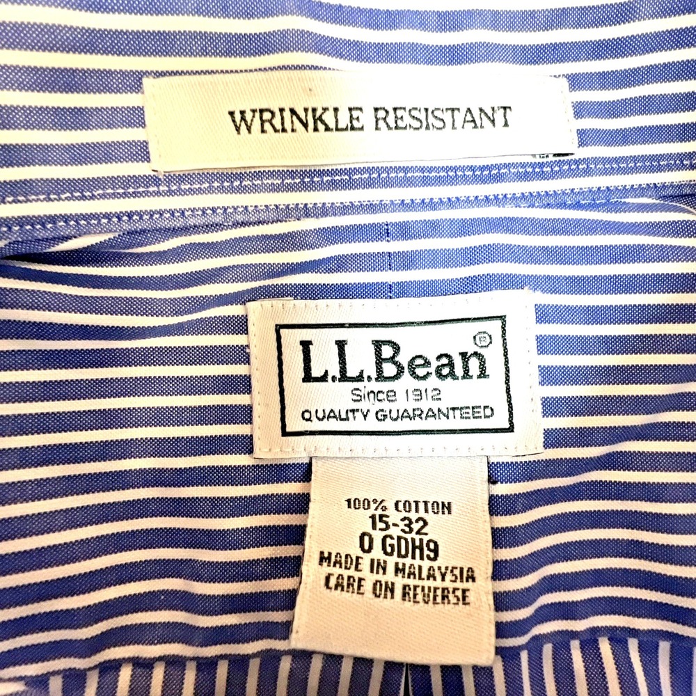 L.L. Bean Mens Wrinkle Resistant Blue & White Striped Button Shirt SZ 15.5-32‎ - Picture 5 of 13